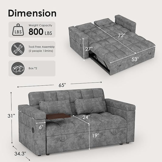 65'' Sleeper Sofa Bed, Pull Out Couch with Side Table | USB Charging Port | Adjustable Backrest | Chenille Fabric, Convertible Loveseat for Living Room, Apartment, Small Spaces (DeepGray)