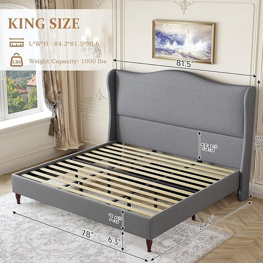 koorlian King Size Bed Frame Upholstered Platform Bed with 51" Tall Headboard Wingback, Soft Fabric, Retro Simple Style Platform Bed No Box Spring Needed, Easy Assembly, Grey
