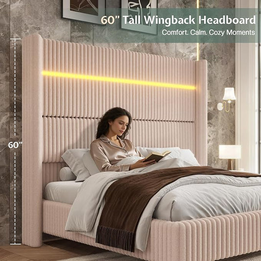 Jocisland Queen Bed Frame Faux-Fur Upholstered 60" Tall Headboard, Beige | Wingback Headboard, LED lights,USB Charging, Noise-free, No box spring needed, easy assembly, for Couples & Guest Room