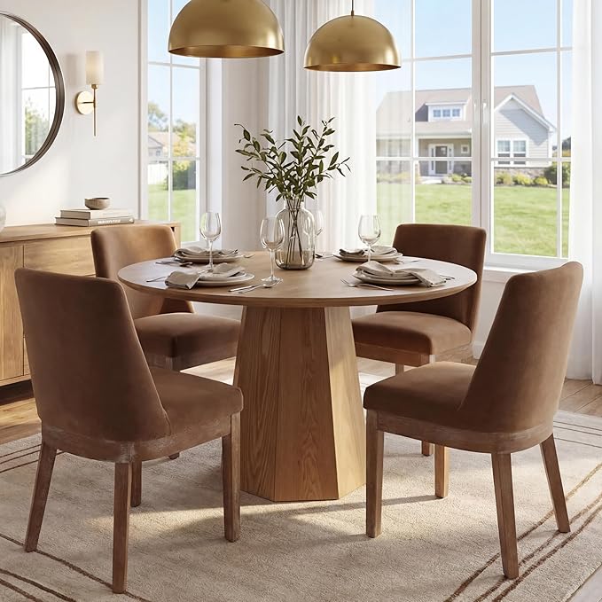 RIVOVA Upholstered Dining Chairs Set of 6, Modern Wooden Dining Room Chair Linen Fabric Kitchen Chairs Farmhouse Dinner Chair with Hardwood Frame, Khaki