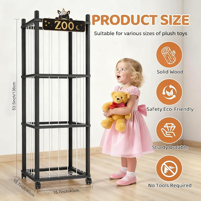 Stuffed Animal Storage Zoo Tower,56In Wooden Large Stuffed Animal Holder Organizer with Wheels,Stuffy Plushies Storage with Elastic Band&Mesh Bottom,Toy Storage Organizers for Playroom Nursery(Black)