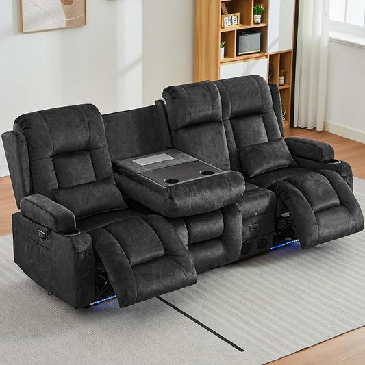 URRED Power Loveseat Recliner Sofa with Massage and Heat, Wall Hugger Reclining Loveseat with Console, RV Couch Home Theater Seating with LED Lights for Living Room (Dark Grey, 89.8" - 3 Seats)