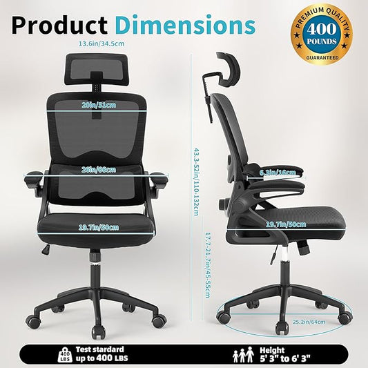 Ergonomic Office Chair,Mesh Office Chair with Lumbar Support,High Back Desk Chair with Flip-up Arms,400 lbs Big and Tall Computer Chair with Headrest,Comfy Desk Chairs