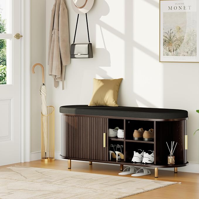 DHH 2-Tier Storage Bench,Wide Shoe Bench with Thickened Padded Seat Cushion, Mid Century Modern Fluted Sliding Door and Adjustable Shelf, for Entryway, Living Room, Bedroom (Dark Walnut, 43.3“)