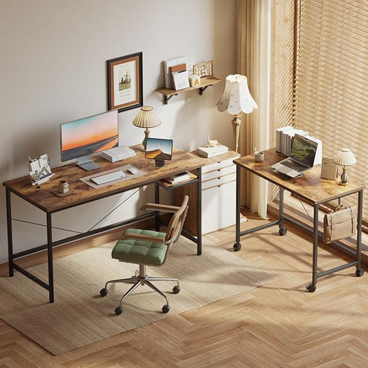 Mericonia 48 inch Computer Desk w/Shelf & Adjustable Feet, 32 inch Rolling Office Desk w/ 1 Hook, Small Space Desk for Home, Office, Study, Writing, Bedroom, 2 Pack