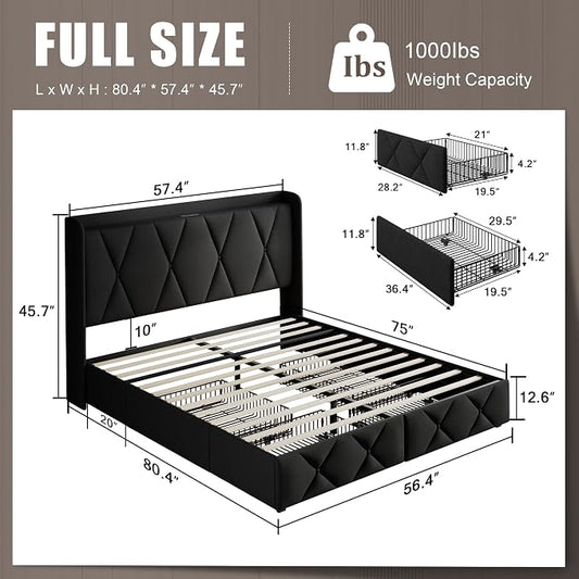 Einhomn Full Size Bed Frame with 4 Storage Drawers and Charging Station, Upholstered Platform Bed Frame with Storage Headboard, No Box Spring Needed, Easy Assembly, Black