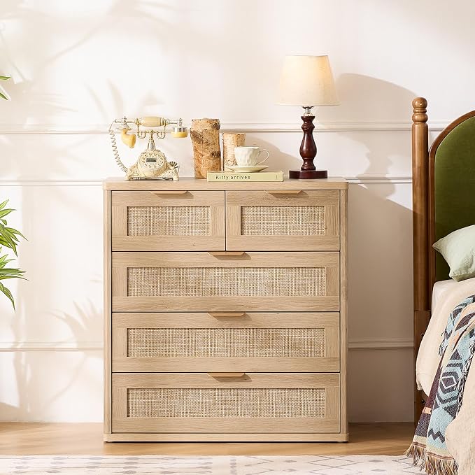 LEYAOYAO Rattan Dresser for Bedroom Set of 2, 33.5" Tall Chest of Drawers, Modern 5 Drawers Boho Dressers with Storage, Light Oak Dresser Wooden Closet Organizer for Living Room, Hallway, Natural Wood