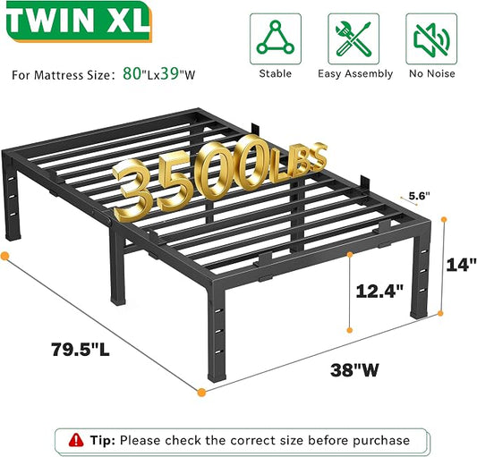 14 Inch Twin XL Bed Frames, Heavy Duty Metal Platform 3500 lbs Capacity, No Box Spring Needed, 6 Mattress Slide Stopper, Headboard Holes, Noise-Free, Easy Assembly