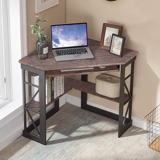 VECELO Corner Computer Desk 41 x 30 inches with Smooth Keyboard & Storage Shelves for Home Office Workstation,Rustic Brown