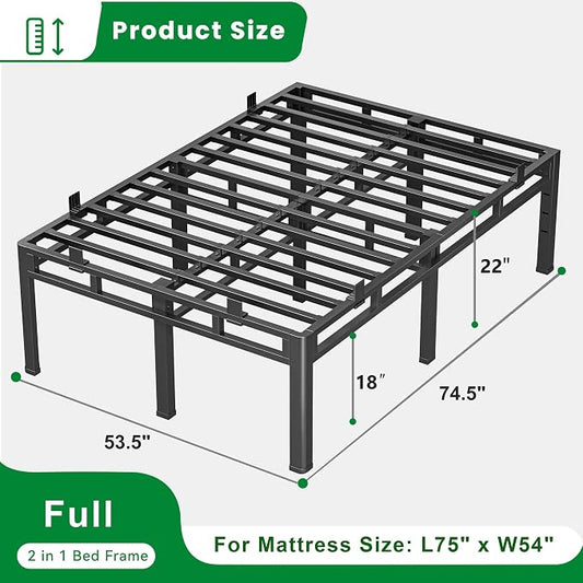 ROIL 22 Inch Full Size Bed Frame, Metal Bed Frame & Box Spring 2 in 1 Platform with Round Corner Legs, 4000LBS Double Layer Bed Frame with Headboard Holes Mattress Baffles, Noise-Free Easy Assembly