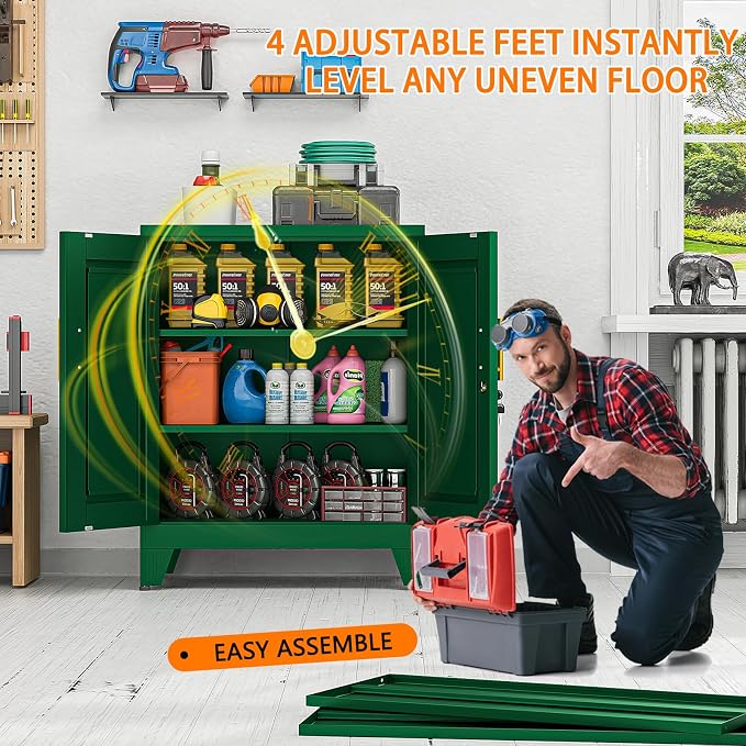 36 Inch Metal Tool Cabinet, 13.8" D x 27.6" W x 35.4" H, Lockable Steel Storage Cabinet with 2 Adjustable Shelves, Heavy-Duty Garage Storage Cabinet for Workshop, Basement, Office, Green