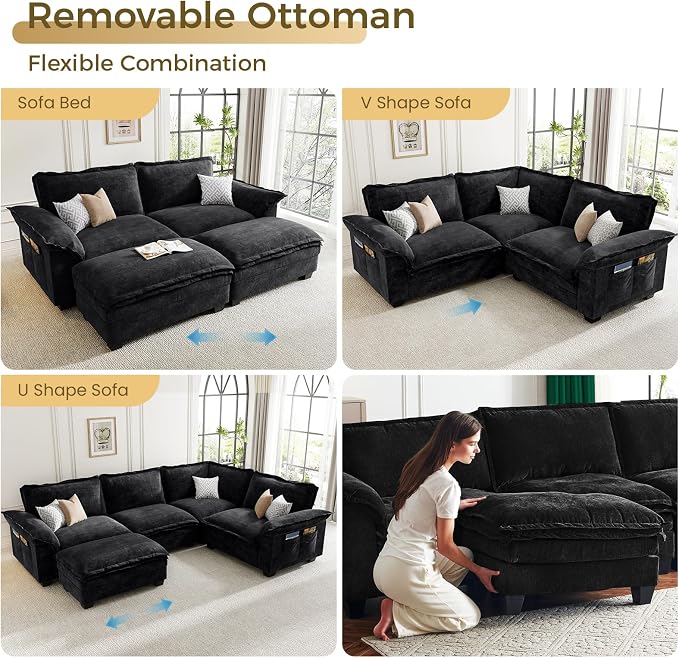 KKL Sectional Modular Sofa Bed, 4 Seater Cloud Couch with Ottoman, Chenille Sectional Couches for Living Room, Apartment, Black