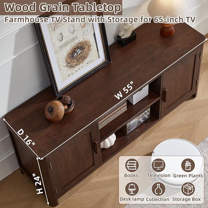 Joaxswe Farmhouse 55" Entertainment Center,Walnut Tv Stand with Adjustable Shelves & 2 Door Storage,Wooden Media Console Cabinet for TVs Up to 65 inches, Rustic Tv Stands for Living Room,Bedroom