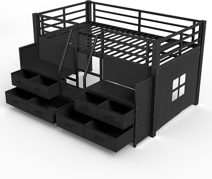 Bellemave Twin Size Loft Bed with 8 Non-Woven Fabric Storage Drawers and Bookshelf, Low Loft Bed with Lights and Private Play Curtain, Twin Loft Beds with High Rails, Noise Reduced Black