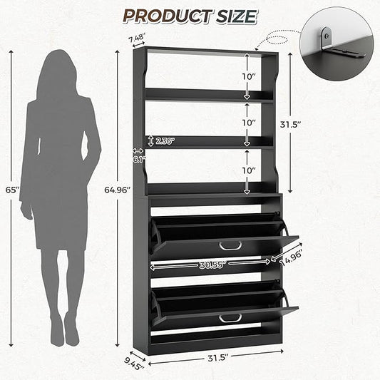 IRONCK Tall Shoe Cabinet with 2 Flip Drawers, Narrow Hidden Shoe Storage Cabinet with Shelves, Slim Freestanding Shoe Organizer for Entryway, Hallway, Black