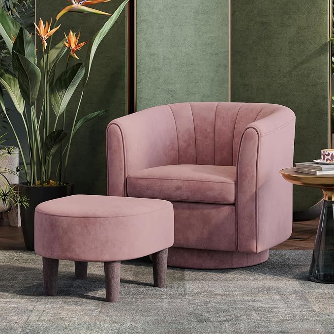 LINSY Swivel Accent Chair Ottoman Set: Velvet Small Barrel Chair with Foot Rest, Modern Reading Chair Upholstered Armchair with Footrest for Living Room Bedroom Study Room Office (Pink)