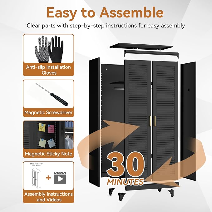 Polup 71" Tall Metal Armoire Wardrobe Closet with 2 Doors, Heavy Duty Steel Clothing Storage Cabinet with Hanging Rod & Adjustable Shelves, Freestanding Modern Locker Organizer for Bedroom, Office
