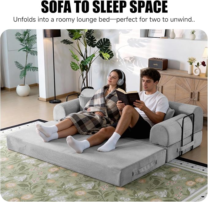 78.8" Boneless Memory Foam Couch, Corduroy Convertible Floor Sofa Bed, Fold-Out Sleeper Futon Loveseat, Wide Armrests & Supportive Back, 1200 lb, Couch in a Box, 2 Pillows, Light Grey