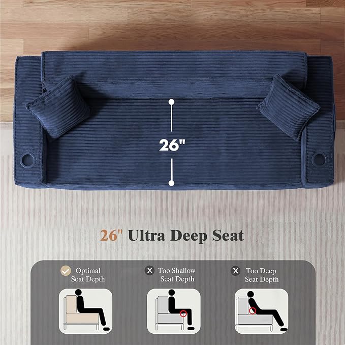43.3" Boneless Chair with Cup Holder,Oversize Accent Chair with Side Pocket, Large Reading Sofa Chair for Compact Living Rooms, Apartments (Blue, Single Sofa Chair)