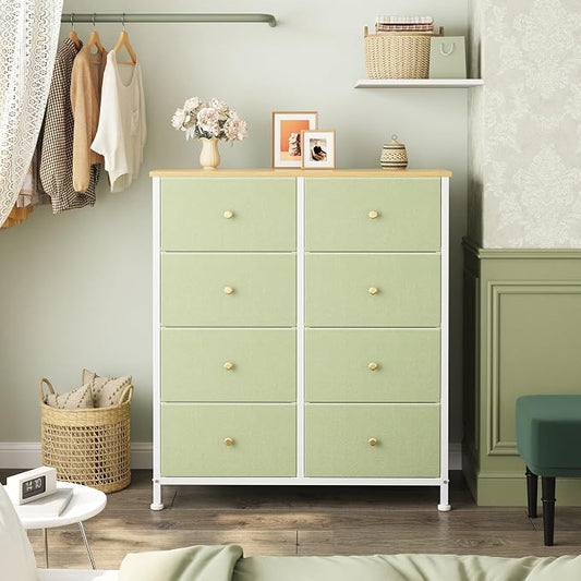 OLIXIS 8 Drawer Storage Dresser with Wood Top - Wide Fabric Chest Organizer for Bedroom, Closet, Living Room,Tower Cabinet, TV Stand, Hallway Entryway Furniture, Light Green