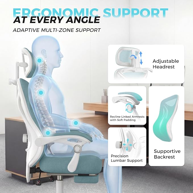 CYKOV Ergonomic Office Chair with Footrest - Adjustable Lumbar Support & Headrest, 90-135° Reclining Mesh Back Computer Chair - Home Office/Gaming, 350lbs Capacity