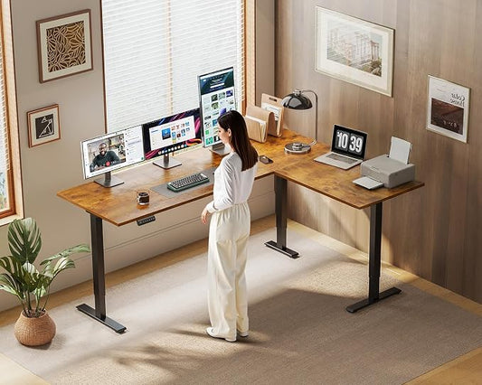 OffiGo 63 Inch Reversible L Shaped Electric Standing Desk, Height Adjustable Corner Stand up Desk, Ergonomic Large Lift Computer Table for Home, Office, Workstation, Rustic Brown