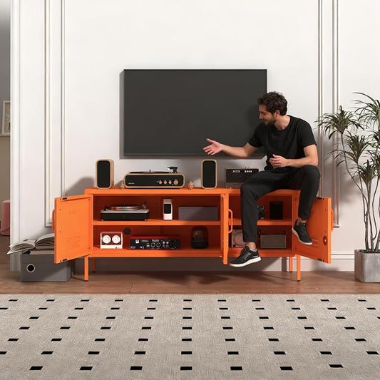 3 Door Lockable Metal TV Stand Storage Cabinet with Accent Cabinet Locker, Wide Heavy Duty Media Console for Large 100+ Inch TVs, Home Office Entertainment Center, Orange 22"H X 47.3"W X 13.8"D