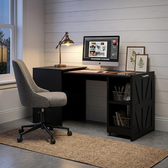 Folding Desk with Storage and Charging Station, Pull-Out Desk Cabinet with Spacious Desktop, Foldable Computer Table for Small Space, Black Oak