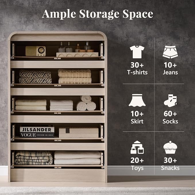 Aitjunz Modern 5 Drawers Dresser for Bedroom, 45" Tall Dressers, Cream | Wood Dressers & Chests of Drawers w/Curved Profile Design, Mid Century Vertical Dresser with Handleless Design for Bedroom
