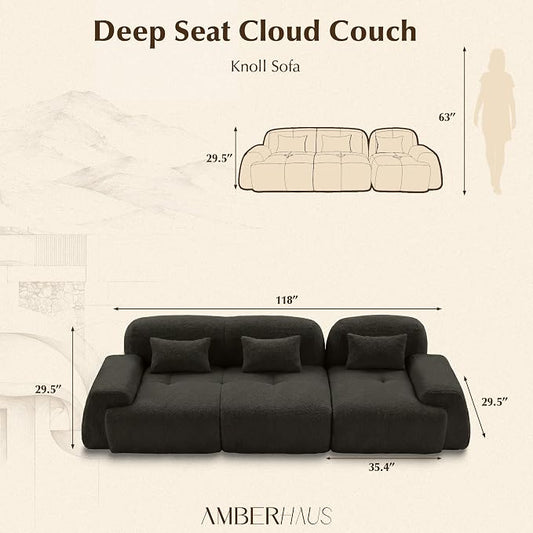 118'' Modular Sectional Cloud Couch Boneless Couches, Oversize Curved Sectional Couches for Living Room, Deep Seat Couch Lambswool Sofa with Ottoman & Throw Pillows, No Assembly, HR Foam