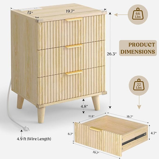Lulive Wood 3 Drawers Dresser Fluted Night Stand with Charging Station, Storage Nightstand Modern Side Table, Bedside Table for Bedroom, Entryway Natural