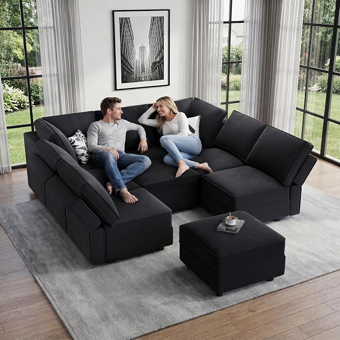 Vesgantti Modular Sectional Sofa Bed with Storage, 92" Sleeper Sofas with 9 Seats Storage Chaises Removable Cover, Luxury Large Velvet Sectional Couch for Living Room, Apartment, Home Theater, Black