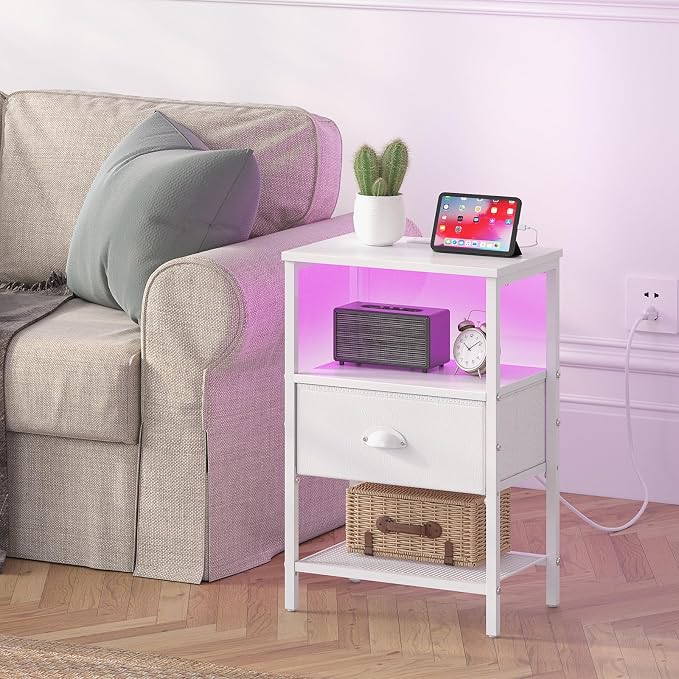 sthmec Nightstands Set of 2, LED Night Stands with Charging Station and Fabric Drawer, Bedside Tables with Drawers, 2- Tier LED Side Table End Table Charging Station Bedroom, White