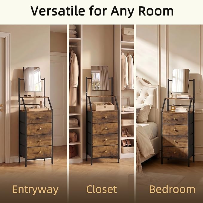 HIGDBFE 4-Drawer Dresser with Mirror, Vanity with 2-Tier Shelves, Fabric Chest of Drawers for Small Space, Vertical Storage Cabinet for Bedroom, Nightstand Bedside Table, Rustic Brown, 15.3" W
