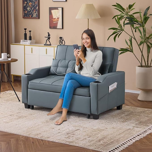 VINGLI Convertible Loveseat Sleeper Sofa, Blue Grey Faux Leather Futon Sofa Bed Pullout Couch Bed with USB Ports, Cup Holders, Armrest for Living Room, Bedroom, Home Office Apartment