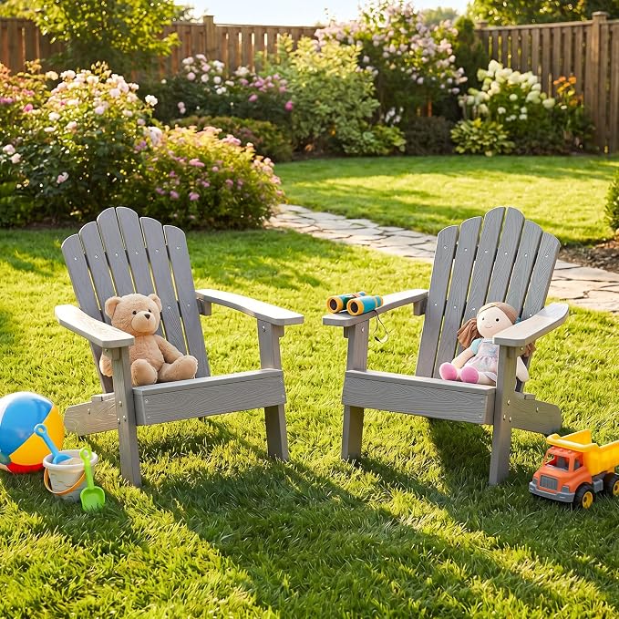 Costzon Kids Adirondack Chair, All-Weather HIPS Toddler Outdoor Chair, Wooden Textured Plastic Fire Pit Chair, Kids Patio Chair for Backyard Lawn Garden, Fits Children Age 3-7 Years (1, Gray)