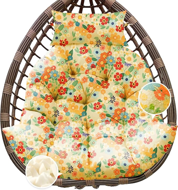 Outdoor Hanging Egg Chair Cushion Replacement, Thicken Egg Chair Cushion Waterproof Basket Eggs Chairs Cushion with Headrest Pillow, U-Shaped Cushions for Hanging Eggs Chairs Swing (Daisy)