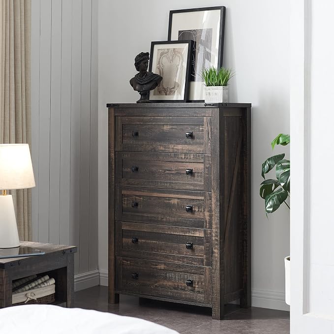 T4TREAM 48" Tall Farmhouse 5-Drawer Dresser for Bedroom, Dark Rustic Oak | Rustic chests of drawers, Wood Storage Cabinet, Metal Handle, Unique Corner Accent, Bedroom, Living Room, Hallway