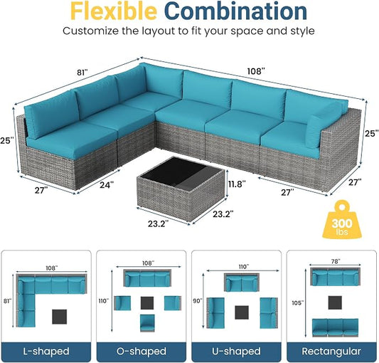 Wisteria Lane 7 Pieces Outdoor Patio Furniture Set, Wicker Outdoor Patio Sectional Sofas with Coffee Table, All-Weather Patio Conversation Set for Garden Backyard, Light Blue