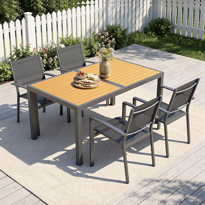 Patio Table and Chairs for 4, Outdoor Patio Dining Furniture Set with Aluminum Table and Metal Textilene Chairs, All-Weather Patio Table Set with HDPS Rectangular Tabletop for Garden Porch