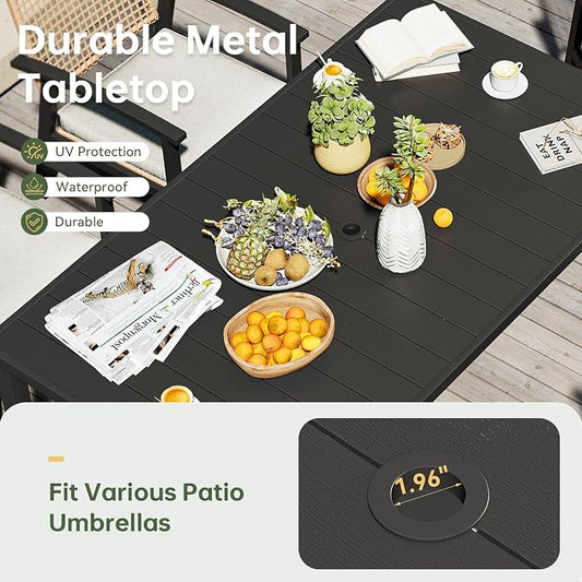 Aoxun 5-Piece Patio Table and Chairs Set for 4 with Umbrella Hole, Outdoor Dining Set with 6 Wicker Chairs and 1 Rectangular Metal Table, Patio Dining Sets with Soft Cushion for Backyard, Garden