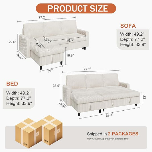 Vongrasig Pull Out Couch with Storage, 77" Sectional Sleeper Sofa, 2 in 1 L-Shaped Sofa Bed with Storage Chaise Corduroy Fabric for Living Room, Apartment, Small Space, White