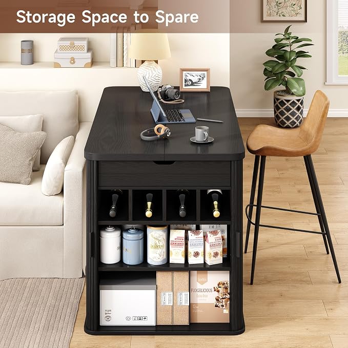 ONBRILL 61 Inch Kitchen Island with Storage, Fluted Counter Height Table, Mid-Century Modern Kitchen Island Table with Sliding Door, Home Bar Tables with Wine Rack and Drawers (Black)