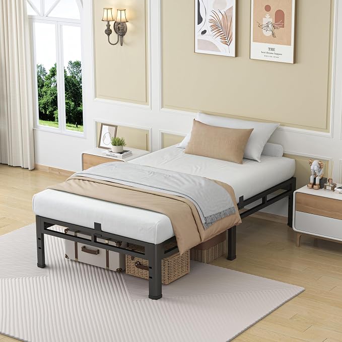 NKZ 12 Inch Twin Size Bed Frame, Metal Bed Frame & Box Spring 2 in 1 Platform with Round Corner Legs, 4000Lbs Heavy Duty Metal Frame, Mattress Slide Stopper, Headboard Hole, Noise-Free, Easy Assembly