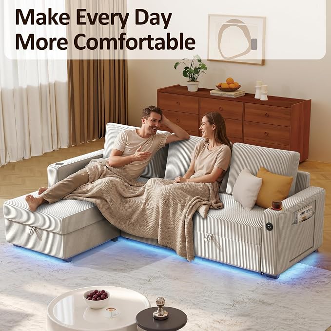Ball & Cast 80" Sectional Sleeper Sofa Bed Pull Out Couches for Living Room | L Shaped Convertible Pull Out Sofa Bed with Storage Chaise, LED Lights, Foldable Table, USB Ports, Cup Holder and Side Pocket