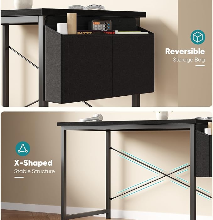 OLIXIS Computer Desk, 55 Inch Home Office Desks for Small Spaces, Writing Craft Study Gaming Table for Bedroom, Modern Computer Workstation with Storage Bag, Black