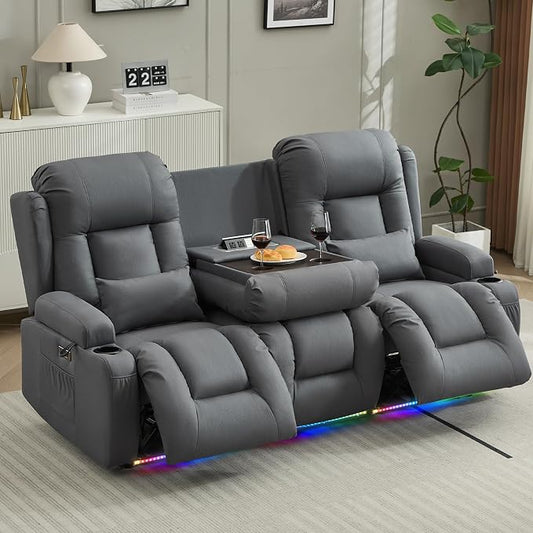 URRED Power Loveseat Recliner Sofa with Massage and Heat, Wall Hugger Reclining Loveseat with Console, RV Couch Home Theater Seating with LED Lights for Living Room (Blue Grey, 76.8" - 3 Seats)