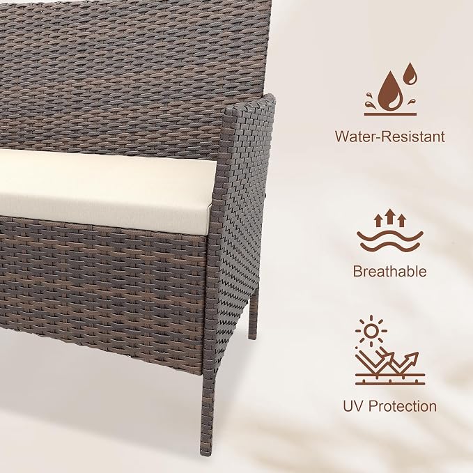 Outdoor Patio Furniture Set, 4-Piece PE Rattan Wicker Chair Set with Cushions and Tempered Glass Table for Backyard, Porch, Garden, Poolside, Balcony, Brown/Beige