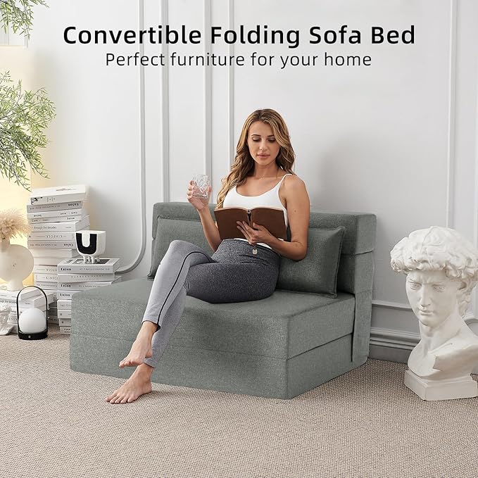 FILUXE Folding Sofa Bed | Convertible Sleeper Chair Bed for Adults, Fold Out Chair to Bed Linen Futon Chair with Pillow, for Home Dorm Apartment RV Living Room, Standard Size, Light Gray