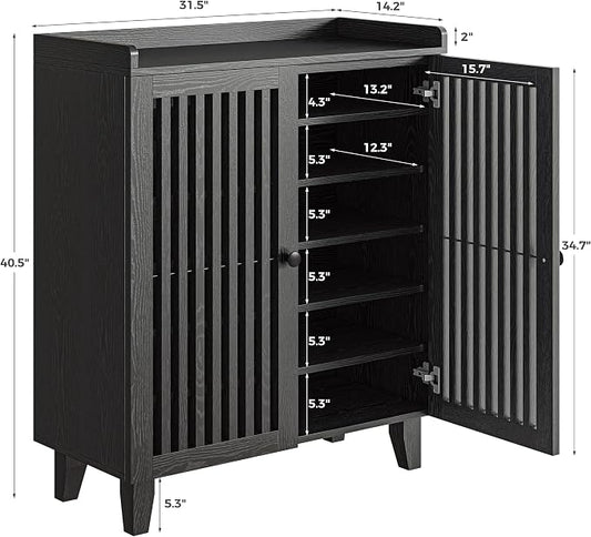 IRONCK Shoe Cabinet with Slatted Doors, 6-Tier Shoe Storage Cabinet with Adjustable Shelves, Wooden Shoe Rack Organizer for Entryway, Hallway, Closet, Living Room, Black